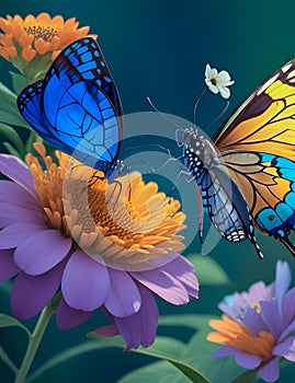 A butterfly delicately lands on a vibrant flower, and their meeting sparks a whimsical conversation