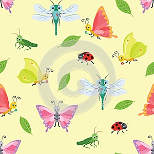 Butterfly, dragonfly, grasshopper and ladybug seamless pattern. Vector illustration of cute funny insects and bugs and green leaf
