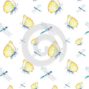 Butterfly and dragonfly watercolor seamless pattern on white.