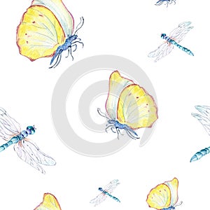 Butterfly and dragonfly watercolor seamless pattern on white.
