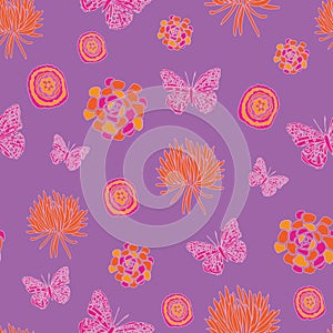 Butterfly Dream-Butterfly Garden,seamless repeat pattern in yellow,orange,pink on purple background.