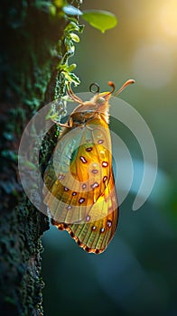A butterfly emerging from its chrysalis