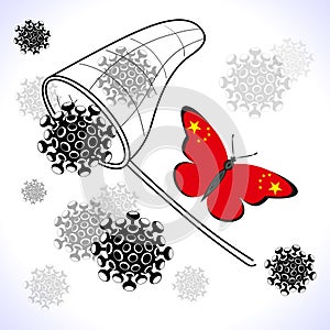 Butterfly with flag of China catches virus molecules with a net