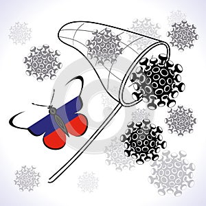 A butterfly with the flag of Russia catches virus molecules with a net