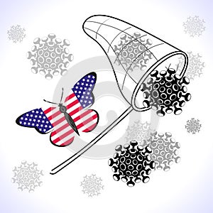 Butterfly with flag of of USA catches virus molecules with a net