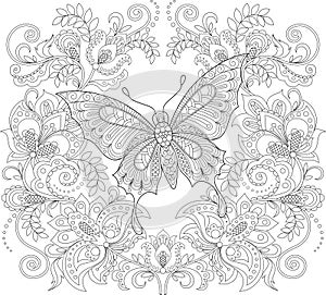 Butterfly and floral ornament. Adult antistress coloring page