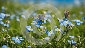 butterfly on flower A beautiful summer or spring meadow with blue flowers of forget me nots and two flying butterflies.