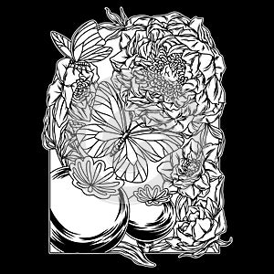 Butterfly Flower Black and White Illustration