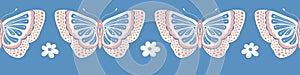 Butterfly and flower border pattern design. Cute vector seamless repeat insect banner background.