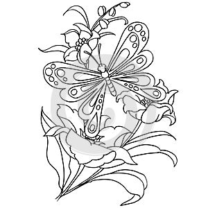 Butterfly and flower cartoon coloring page vector