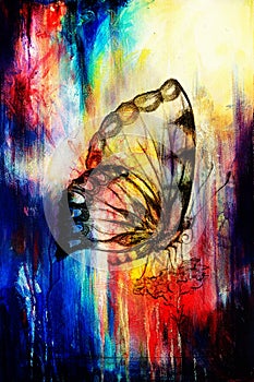 Butterfly with flower. Original hand draw. Computer collage and Abstract background.