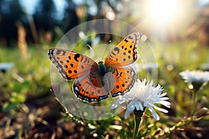 Butterfly on a flower in the rays of the setting sun