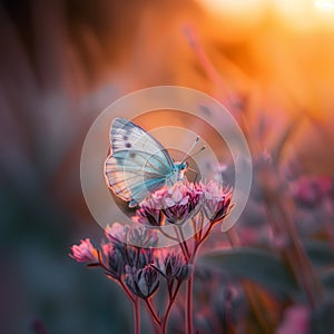 Butterfly on a flower and sunset shaft behind in an immersive peaceful nature photo