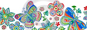 Butterfly flower watercolor border. Floral ornamental frame. Hand made colorful art design as kid illustration for cloth
