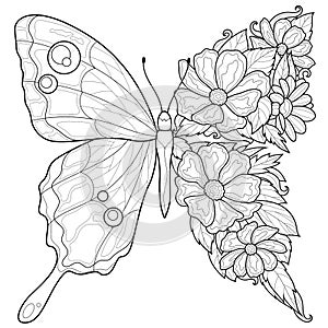 Butterfly and flowers.Coloring book antistress for children and adults.