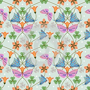 Butterfly and flowers design seamless pattern.