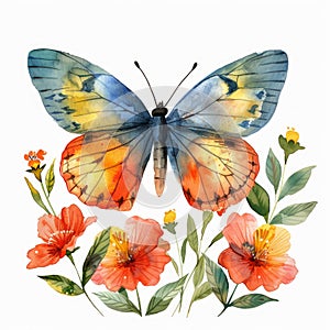 Butterfly and Flowers Watercolor Painting