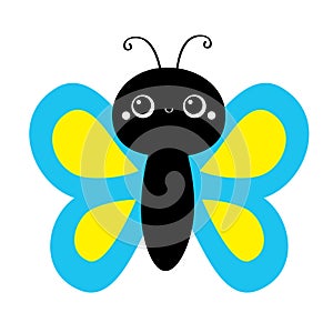 Butterfly flying insect icon. Baby kids collection. Blue Yellow color. Cute cartoon kawaii funny animal character. Smiling face.