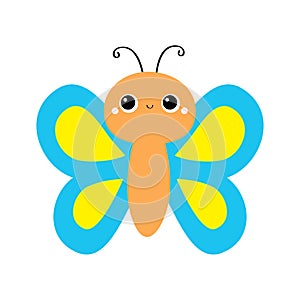 Butterfly flying insect icon. Blue Yellow color. Cute cartoon kawaii funny animal character. Smiling face. Baby kids collection.