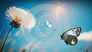 a butterfly flying over a dandelion with a blue sky in the background. generative ai