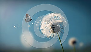 a butterfly flying over a dandelion with a blue sky in the background. generative ai