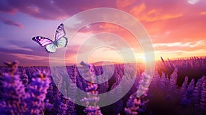 A butterfly flying over a lavender field at sunset