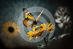 a butterfly flying over a yellow flower with a dark background and a sunflower in the foreground with a dark sky in the