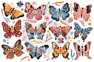 Butterfly flying set, colorful hand drawn butterflies fly collection, moth wings, insects