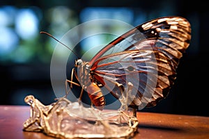 butterfly fully emerged, resting next to empty chrysalis