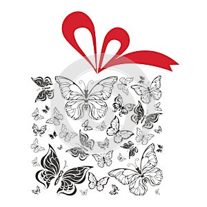 Butterfly gift box with red ribbon vector illustration