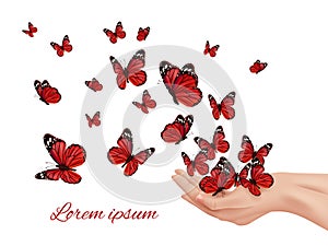 Butterfly in hands. Flying wings papillon farfalle monarchs many colored butterflies vector concept