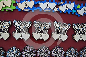 Butterfly and hearts. Beautiful handmade Souvenirs made of wood, traditional Turkish market. Bazaar, Turkey, Eskisehir