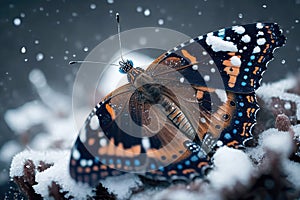butterfly hibernating in the winter, surrounded by snowflakes