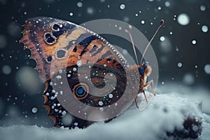 butterfly hibernating in the winter, surrounded by snowflakes