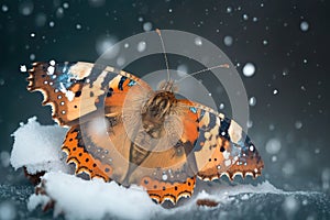 butterfly hibernating in the winter, surrounded by snowflakes