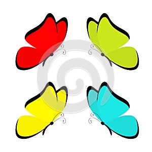Butterfly icon set. Cute cartoon kawaii funny character. Colorful blue red yellow green wings. Flying insect silhouette. Flat