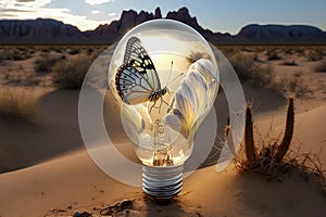 butterfly inside a light bulb on the background of the desert. Earth day.