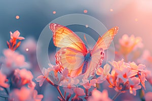 Butterfly with intricate wings rests delicately on vibrant flowers in the morning dreamlike sunshine