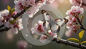 A butterfly with iridescent wings delicately touching down on a blossoming cherry branch