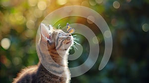 a butterfly lands on a cat's wet nose, natural background, warm light