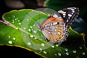 a butterfly laying eggs on a leaf