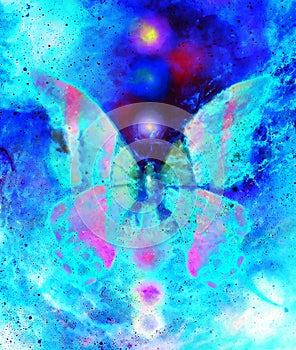 Butterfly with light energetic chakras in cosmic space. Painting and graphic design.