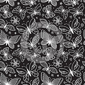 Butterfly line illustration seamless pattern. Black and white ornament of hand drawn butterflies with different wings on