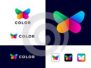 Butterfly logo. Symbol of color. Butterfly consists of bend crossing color paper strips. 3D imitation. Identity. Web buttons.