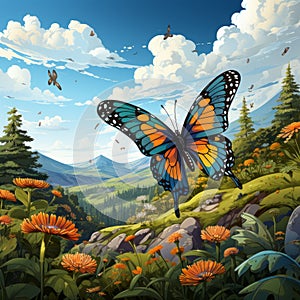 Butterfly on a meadow in the mountains. landscape of forest with trees grass nature Illustration cartoon style.