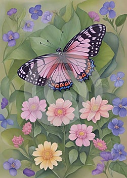 butterfly between multy flower watercolor