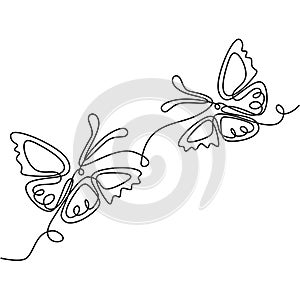 Butterfly one continuous line drawing. Beautiful butterfly couple is flying together in the air. Romantic theme isolated on white