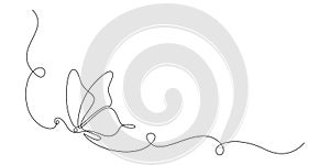 Butterfly in One continuous line drawing. Beautiful flying moth for wellbeing beauty or spa salon logo and divider