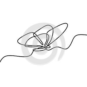 Butterfly one continuous line drawing element isolated on white background for logo or decorative element. Vector illustration of