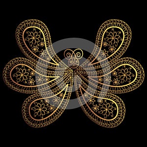 Butterfly. Oriental paisley pattern. Ornament in the form of a butterfly with gold threads and lines. Stylized Butterfly. Indian o